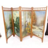 A hardwood-framed folding screen with oil on canvas painted panels, L268cm, H171cm