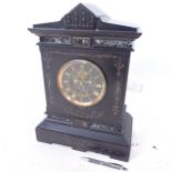 A Victorian black slate 8-day mantel clock, with open escapement and gilded decoration, H44cm,