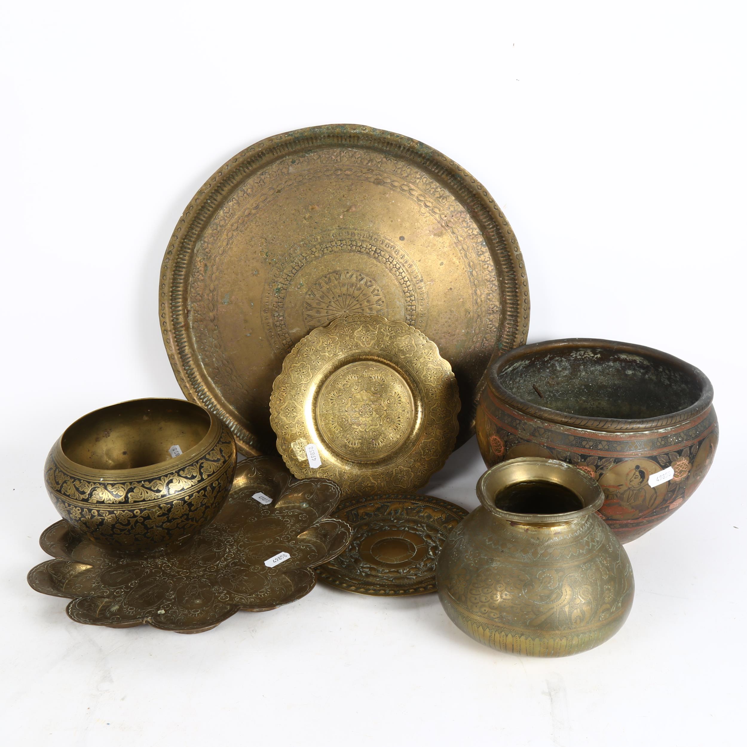 3 Middle Eastern style brass jardinieres, largest height 14cm, diameter 22cm, and 4 Middle Eastern