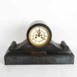 A Victorian 8-day black slate mantel clock, with Roman numerals on the dial, open escapement, silver