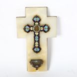 An Antique French white marble brass and champleve enamel cross and holy water font, height 18cm