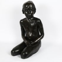 A life-sized bronzed composition figural sculpture, nude seated boy, unsigned, height 58cm No damage