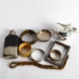 A tray of sliver and jewellery, to include silver-fronted frame, hip flask, agate bracelet, tigers