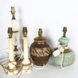 A pair of alabaster table lamps, a Continental pottery lamp, and 2 others