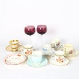 Various cabinet cups and saucers, and a pair of Hock glasses