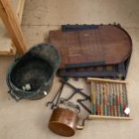 A Victorian brass coal bin, Vintage shove h'apenny board, and another, abacus etc
