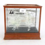 An AA Award from 1991, a pair of glass figures, 1 sitting at a computer desk, and 1 with toolbox,
