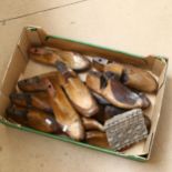 A collection of Vintage wooden shoe lasts, various sizes, and a printing block (boxful)