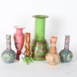 A group of mixed glassware, to include a pair of long-neck painted vases, a satin glass vase, a