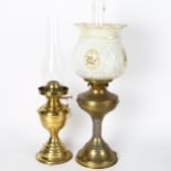 2 brass oil lamps, 1 with glass shade, height 56cm overall
