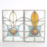 A pair of frosted glass leadlight panels with Art Nouveau style decoration, height 55cm