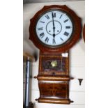 An Antique walnut and marquetry inlaid 8-day drop dial wall clock, white painted dial with Roman
