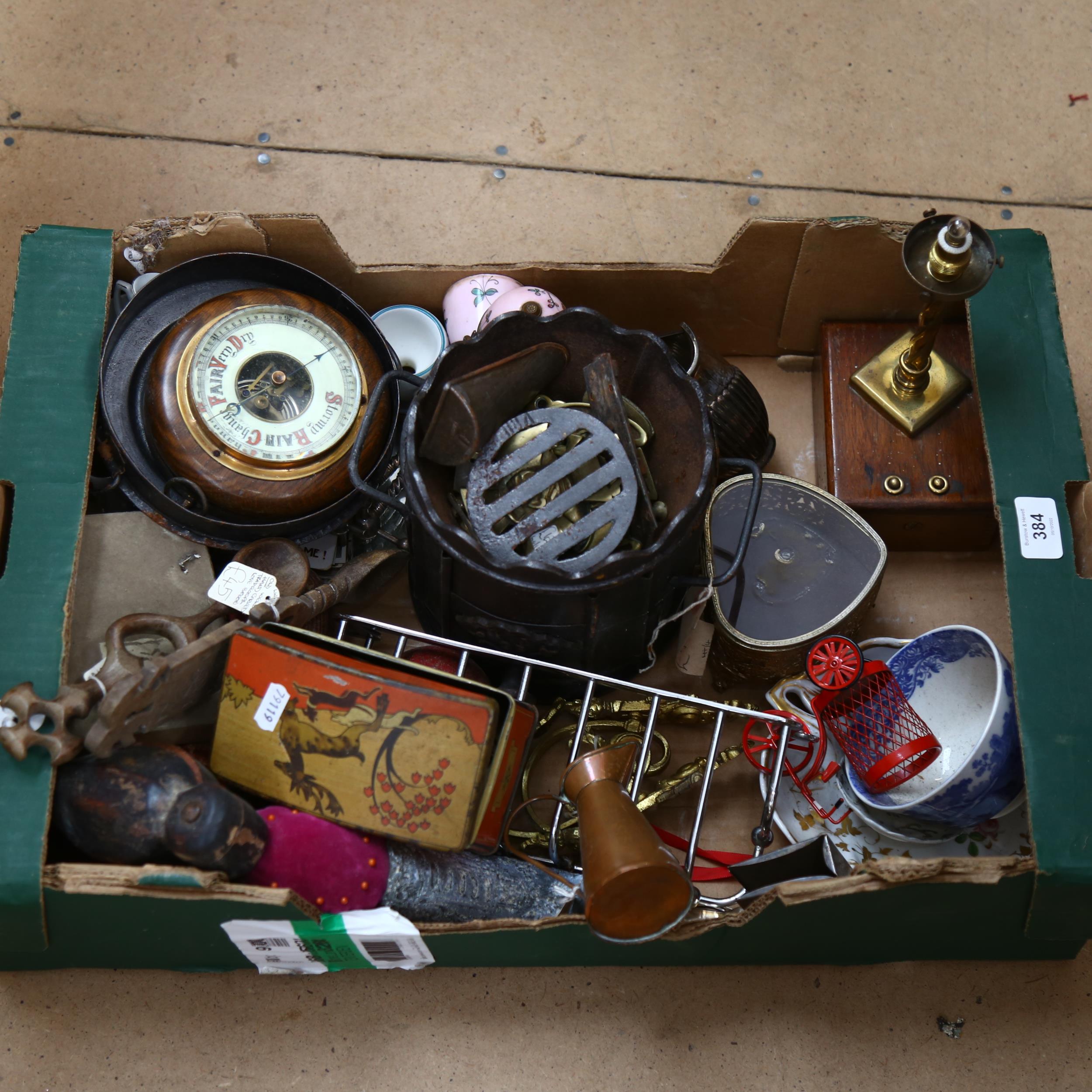 Cast-iron stove, aneroid barometer, mid-century shower bath shelf, loving spoons, horse brasses