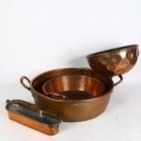 A mid-19th century French copper and brass jelly boiling bowl, a brass and copper jelly mould, and 2