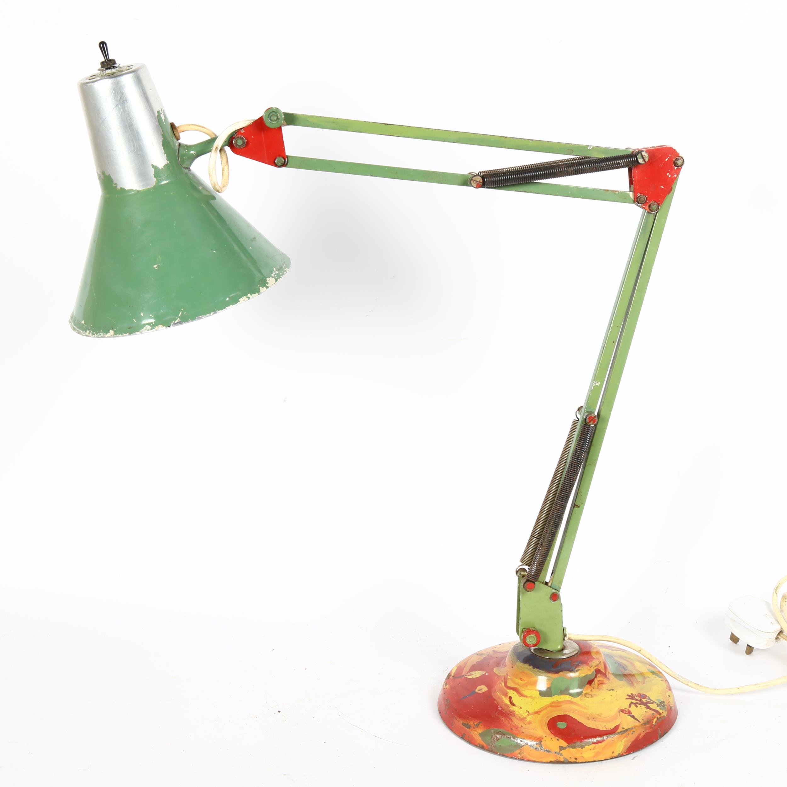 A mid-20th century anglepoise desk lamp, with hand painted decoration, shade diameter 18cm Some