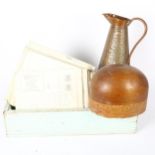 A Victorian turned wood hat block, an Arts and Crafts copper jug, by JS & S, painted housemaid's