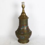 A brass and cloisonne vase converted to a lamp, height 50cm