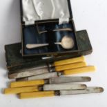 A cased set of 6 Continental silver-bladed knives, and a child's silver spoon and pusher set, boxed