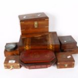 A Victorian mahogany-banded sewing box, Chinese lacquered box, 4 reproduction boxed compasses, and 2