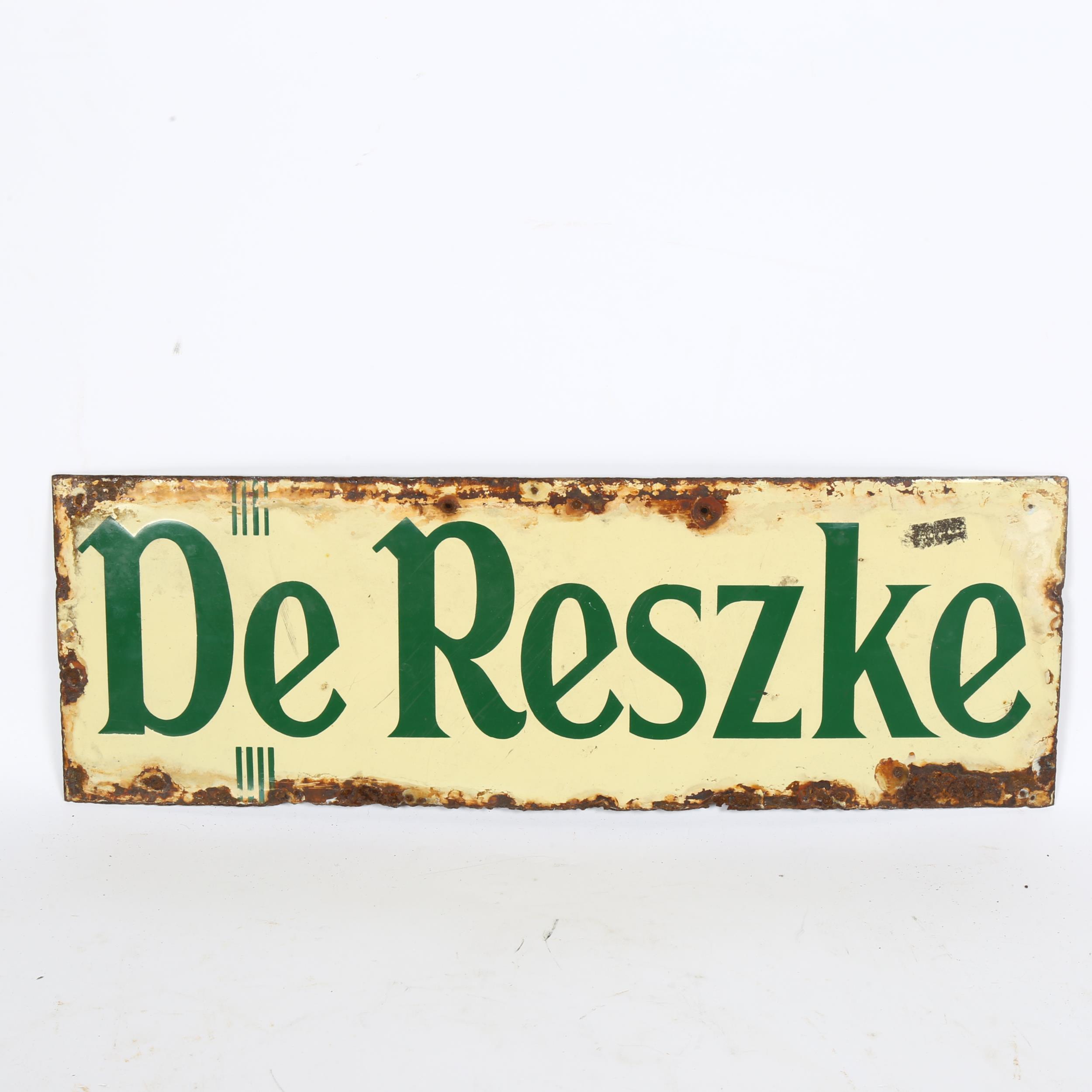 A Vintage De Reszke Cigarettes enamel advertising sign, 15cm x 45cm General edge loss to enamel