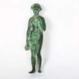 Roman style verdigris bronze figure of standing woman holding a wine ewer, height 17cm All in good