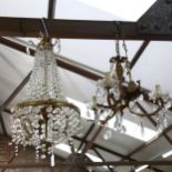 A brass bell-shaped ceiling light, with glass lustres, and a brass Art Nouveau style light