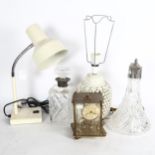 Claret jug, decanter, 400-day clock and 2 lamps