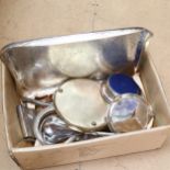 Silver plated serving trays, a pair of silver plate on copper wine coasters, a Rosenthal ladle,