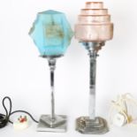 2 Art Deco chrome table lamps, with coloured glass shades, tallest 50cm