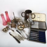 Various cased cutlery, plated tankard, toast racks etc (boxful)