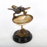 Gilt-bronze bird bath with mother-of-pearl liner, on plinth, height 14cm
