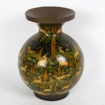 A Persian hand painted lacquer jungle globular vase, with brass liner, height 25cm Lacquer has a few