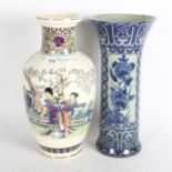 A modern Chinese blue and white sleeve vase, height 36cm, and a Chinese baluster vase with printed