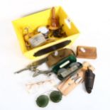 A Vintage car mascot, miniature brass candlesticks, compact cases and mirrors, Vintage glasses and