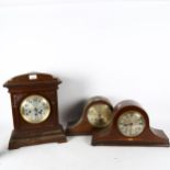 2 Napoleon hat style mantel clocks, and another with carved decoration, height 40cm