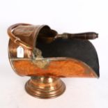 A large Vintage copper coal scuttle, with Vintage brass scuttle coal shovel, length 45cm, height
