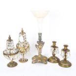 Pair of small brass table candle stands with lustre drops, 2 similar brass table candelabras with