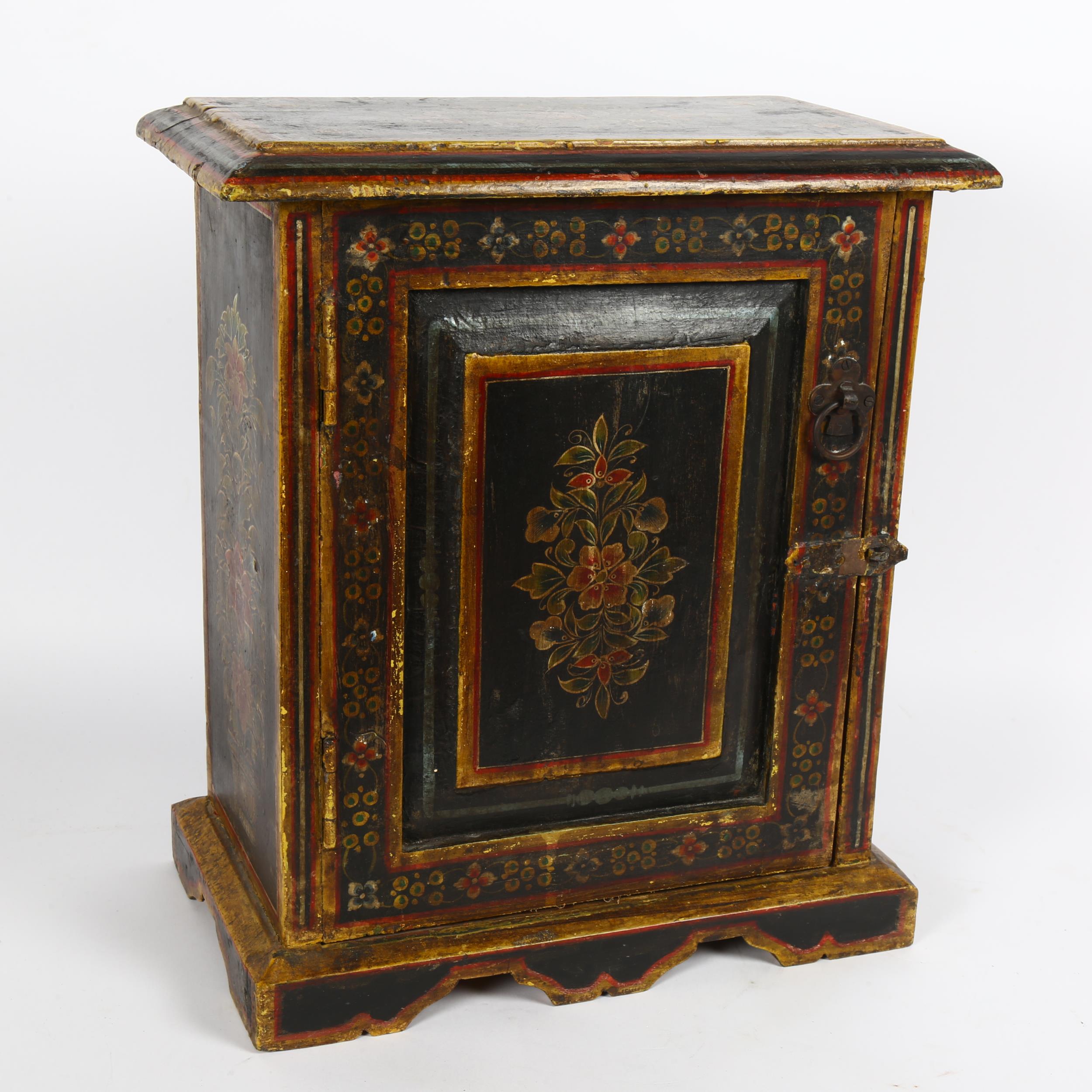 A European Folk Art painted table-top marriage cupboard, W35cm, H40cm, D20cm No damage or repair,