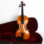 A modern violin in a modern velvet-lined case, bow is not included