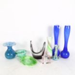 Scent bottle, a pair of blue glass vases, 30cm, and other Art glass items