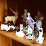 2 Beswick sheep and a stag, pair of Spaniels and 3 Continental figures