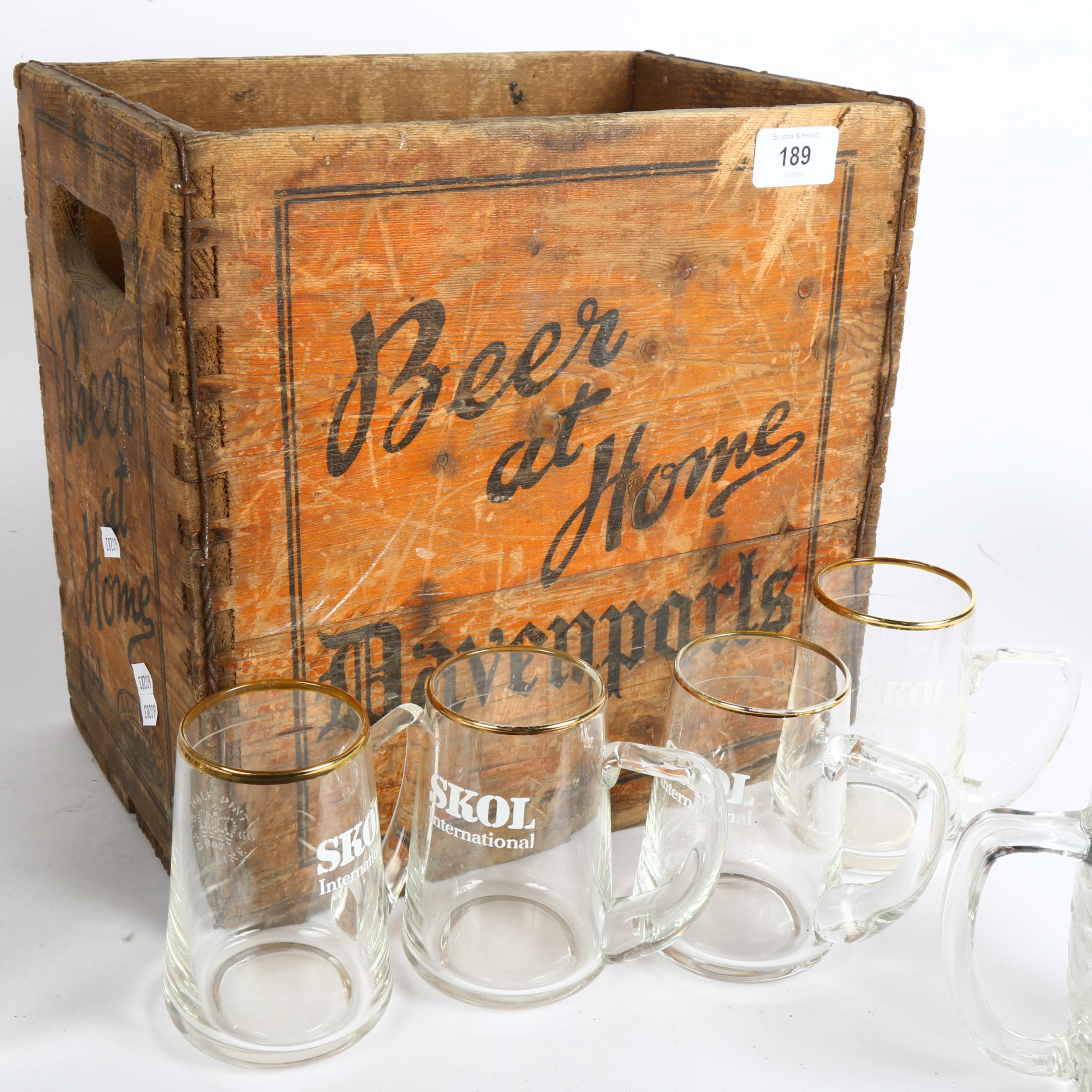 A Victorian advertising pine crate "Beer at home Davenports", and a collection of glass water jugs - Bild 2 aus 2