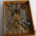 A tray of Vintage costume jewellery, including marcasite decorated screw-on earrings, paste set