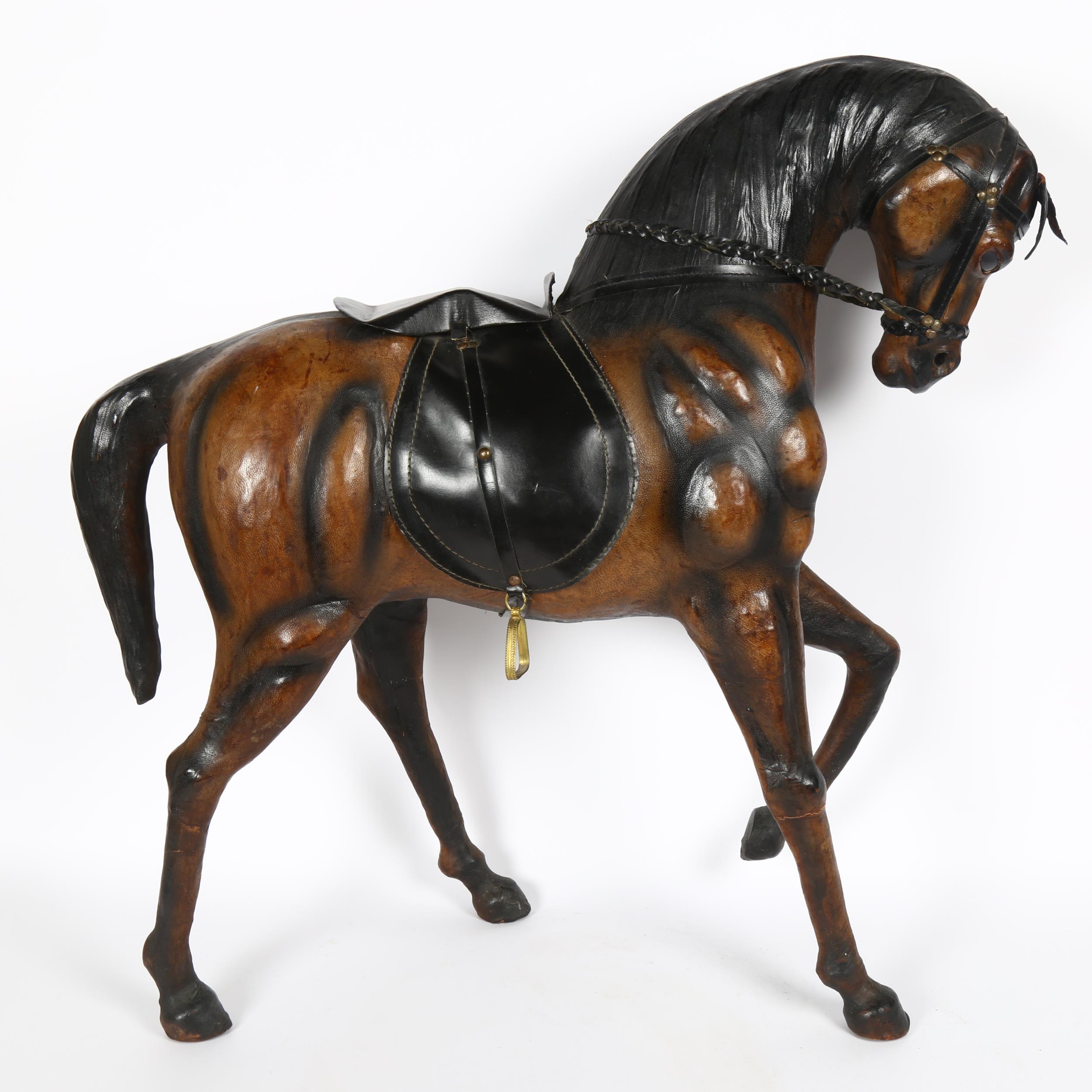 A large Antique leather-covered horse figure, height 66cm, length 66cm A few leather splits on legs, - Image 2 of 2