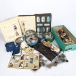 Various British coins and Vintage cigarette cards