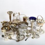 A tray of various plated ware, including vases, christening mug, heart-shaped dish etc