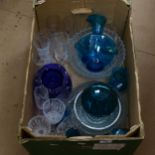 Various glass fruit bowls, blue glass ewer, Brandy balloons etc (boxful)