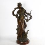 After Louis Moreau, an Art Nouveau patinated spelter sculpture, "Terpsichore", signed, height 61cm