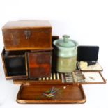 Oriental cabinet (A/F), box, tray, cased cutlery, and an Iden Pottery jar