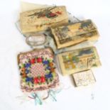 3 leather clutch bags or purses with Oriental decoration, silk place mats with Oriental